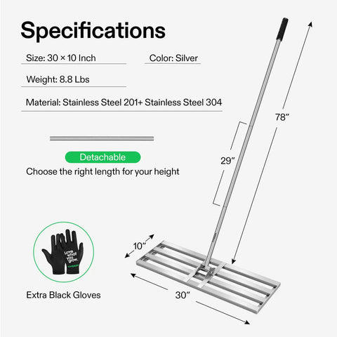 30 Inch Lawn Leveling Rake With 7 Foot Adjustable Handle Heavy Duty Stainless Steel Rustproof Yard Rake specifications