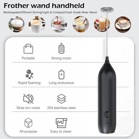 Badass Rechargeable Milk Frother Wand With Usb C Charging For Instant Velvety Foam On Lattes And Matcha Portable Electric Drink Mixer Whisk Blender For Cappuccino Frappes And Hot Chocolate is shown in a sleek black design with swift foaming features.
