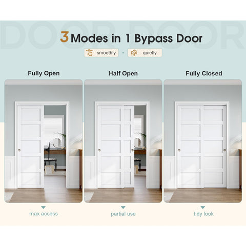 3 modes of Sliding Closet Door 72x80 Inches, 5-Panel Bypass Barn Doors With Hardware Track Kit, Fully Open, Half Open, Fully Closed