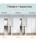 Sliding Closet Door 64x80 Inches 5 Panel Bypass Barn Doors With Concealed Hardware Track Kit White Finish displayed in three modes