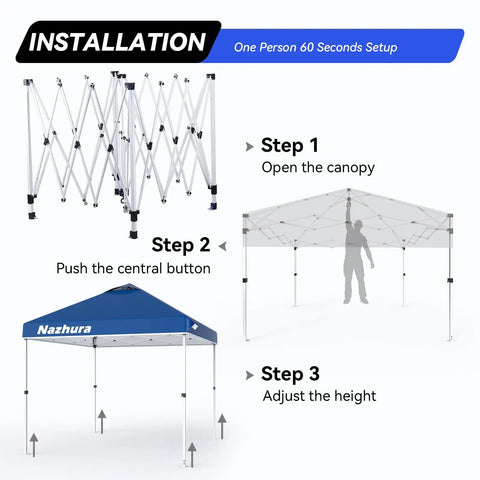 Installation steps for 10 By 10 Pop Up Canopy Tent With Sand Weight Bag Freestanding Sun Shelter; setup and height adjustment
