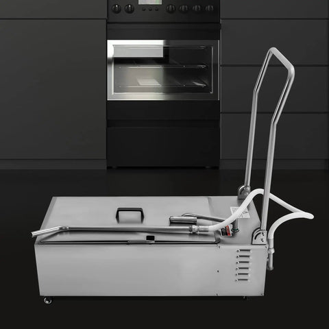 Top Notch Foldable Fryer Oil Filter Cart With 14 5 Gallon Capacity For Restaurants And Food Trucks in sleek kitchen setting.