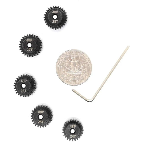 MakerDoIt 48P Pinion Gear Set 3.175mm 24T 25T 26T 27T 28T for RC cars with hex key and coin for scale