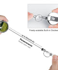 Heavy Duty Metal Badge Reel With 360 Degree Swivel And Secure Belt Clip shown pulled out to 62cm, held by hand, reflective stainless steel.