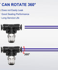 Five Pack Pneumatic Male Branch Tee Fittings Quarter Inch Tube OD To Quarter Inch NPT Thread Quick Push To Connect Nickel Plated Brass Air Line Fittings For Industrial Air Systems Black showing 360-degree rotation capability, leak-resistance, and long service life.
