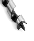 Close-up of steel wood auger drill bit with screw tip and helical flute (1/2 in diameter).