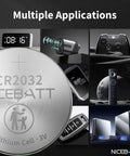 Premium CR2032 Battery 24 Pack 3V Lithium Coin Cell for Apple AirTag and Car Key Fob displayed with various devices.