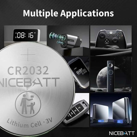 Premium CR2032 Battery 24 Pack 3V Lithium Coin Cell for Apple AirTag and Car Key Fob displayed with various devices.
