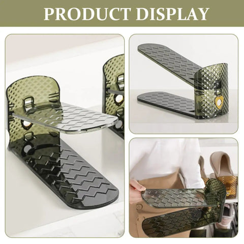 Built Different Double Layer Shoe Slot Organizers For Closets Adjustable Vertical Storage Racks In Vibrant Green displayed from multiple angles on a shelf.