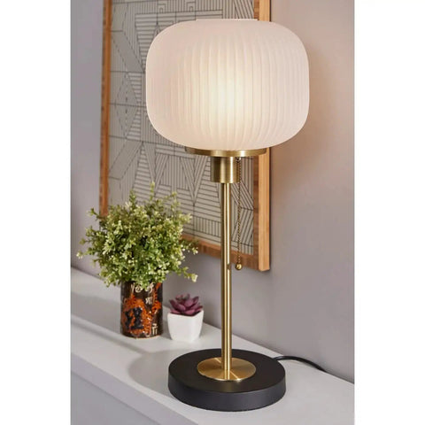 Hazel Table Lamp In Antique Brass With Frosted Ribbed Glass Shade 22 Inch Tall 60W Pull Chain Lighting For Living Room Or Bedroom Mid Century Modern Vibe