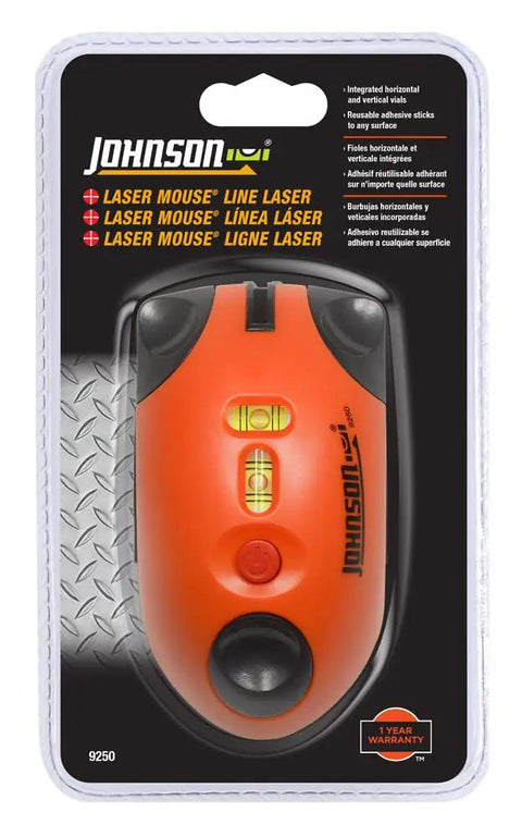 Interior Range Laser Level With 30 Ft Projection in package, high visibility orange with horizontal and vertical leveling vials.
