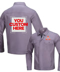 Kick Ass Heavy Duty Men's Long Sleeve Work Shirt And Custom Printed Industrial Uniform For Mechanics And Factory Crews Featuring Thick 100 Percent Cotton Gear Built For The Daily Grind And Zero Fuss, gray with custom print options.