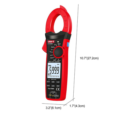 Digital Clamp Meter UT208B Inrush Current Mode True RMS 1000A AC DC with display showing 5999, dimensions labeled, red design.