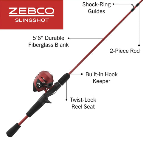Slingshot Spincast Reel And Fishing Rod Combo With 5 Foot 6 Inch Two Piece Fiberglass Rod Size 30 Reel Right Hand Retrieve