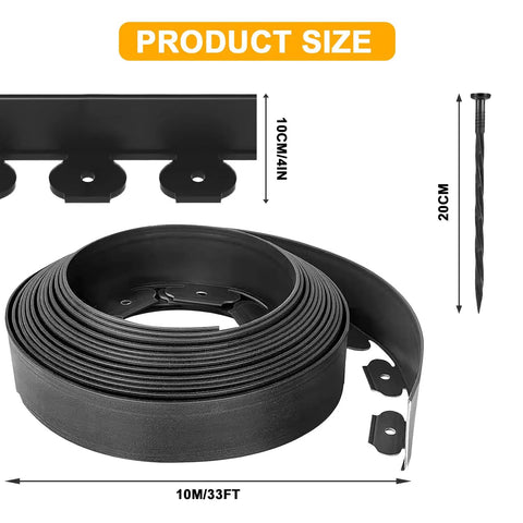 33Ft Landscape Edging Kit With Four Inch High Paver Border Edging And 30 Stakes Included Keeps Flower Beds, Lawns, And Yards Looking Sharp, Neat And Clean, Black shown with product size details.