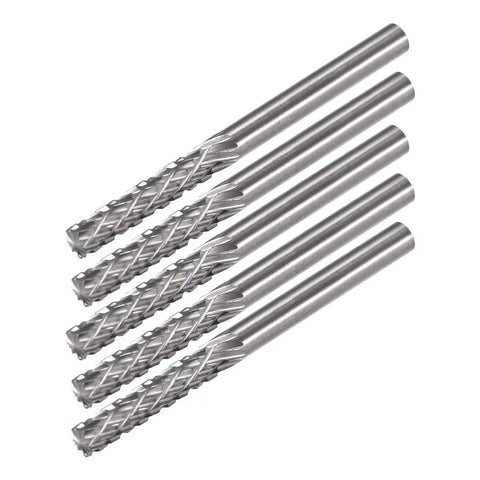 Pro Grade Heavy Duty Tungsten Carbide Rotary Burrs Set One Eighth Inch Shank Double Cut Cylinder 3mm Dia For Die Grinder Wood Soft Metal Polishing And Model Engineering Five Piece Set