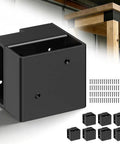 8 Pack Heavy Duty 2x4 Workbench Brackets Set shown in black steel with 3 way right angle for shelves wood tables workbenches.