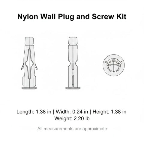 Heavy Duty Nylon Wall Plug And Screw Kit for Drywall, Hollow Brick and Foam Block Mounting diagram with measurements