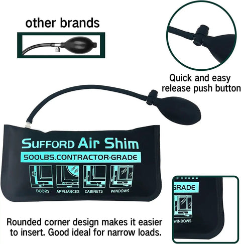 Commercial air wedge bag with quick-release pump, shown with rounded corner design, for leveling cabinets and appliances.