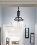 Rustic Farmhouse Round Pendant Light With Clear Glass Shades for Dining Room, Industrial Vibe Chandelier, Black Finish
