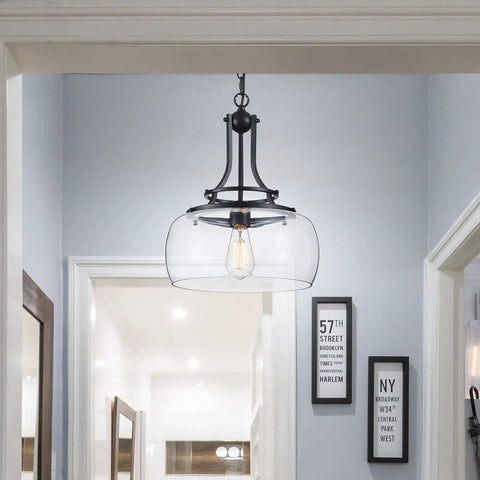 Rustic Farmhouse Round Pendant Light With Clear Glass Shades for Dining Room, Industrial Vibe Chandelier, Black Finish