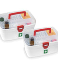 Milton first aid box set, white plastic cases with red latches and transparent lids, detachable tray, 2-pack