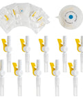 10-pack Ximter Comfort Flow catheter valves with white bodies and yellow levers for urine drainage (sterile)