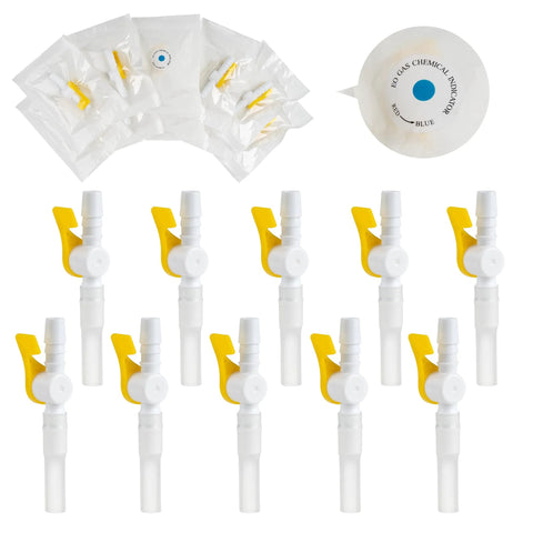 10-pack Ximter Comfort Flow catheter valves with white bodies and yellow levers for urine drainage (sterile)