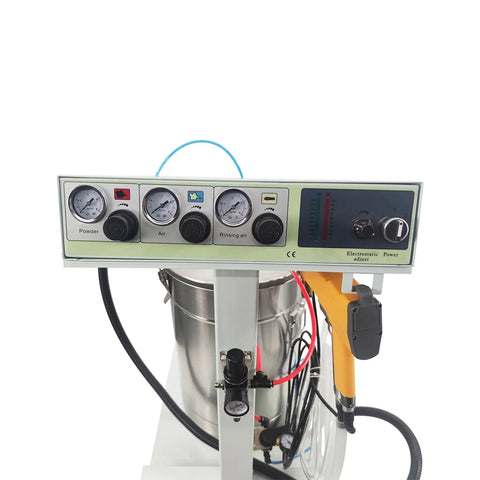 Jaryannix 110V Electrostatic Powder Coating Machine control panel with gauges for powder, air, and electrostatic adjustment.