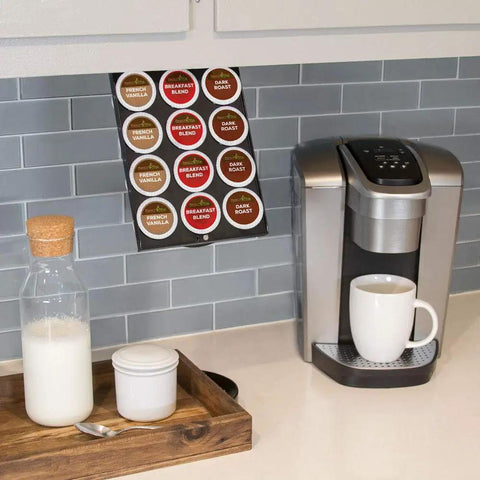 Under Cabinet Coffee Pod Storage Rack For Keurig K Cups, Space Saving, Low Profile Shelf Organizer that holds 12 pods in kitchen