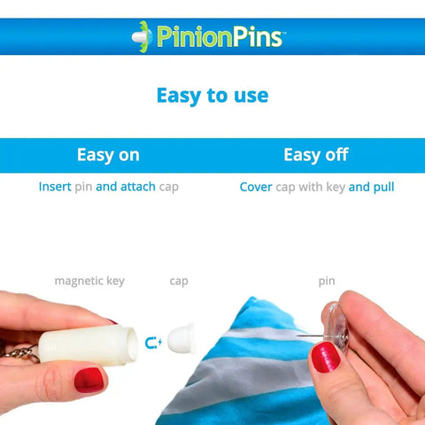 Clear Magnetic Duvet Clips With Magnetic Key For Easy Removal demonstrated over a blue and gray striped duvet