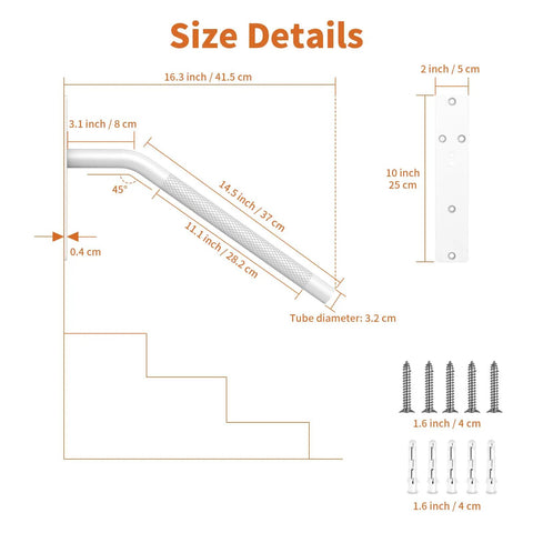 Slick 16 Inch Matte White Stair Handrail Rock Solid Anti Slip Knurled Grip Outdoor Porch Railing Fits One To Three Steps Heavy Duty Stainless Steel Design No Sweat Install size details diagram.