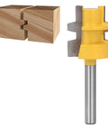 High Strength Reversible T Slot Router Bit With Tungsten Carbide Blade For Precise Woodworking Mortising And Splicing Joints Using 1/4 Inch Round Shank Cutter Tool next to two wood blocks with a joint.