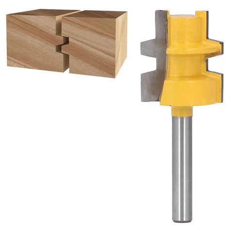High Strength Reversible T Slot Router Bit With Tungsten Carbide Blade For Precise Woodworking Mortising And Splicing Joints Using 1/4 Inch Round Shank Cutter Tool next to two wood blocks with a joint.