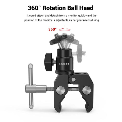 Beefy Clamp Mount With Mini Ball Head For Desk Or Rig Hot Shoe Adapter With 1/4 Inch Screw in black, showing 360° rotation feature.