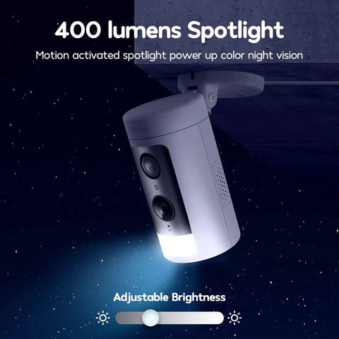 Outdoor Security Camera 2K HD With 360 Degree Coverage And 4 Spotlight LEDs, Color Night Vision, mounted with spotlight on.