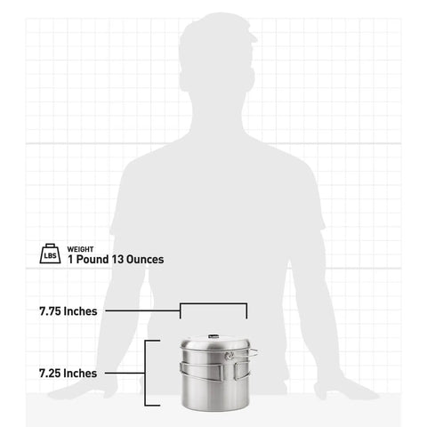 Pot 4000 Stainless Steel Camping Pot with size and weight dimensions indicated, featuring foldable handles for outdoor cooking.