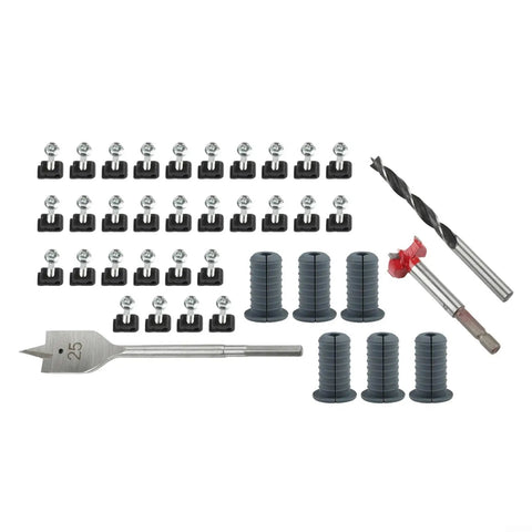 Hosrivae Ultimate Starlink Cable Routing Kit With Six Thick Silicone Grommets, Nifty Drill Bits, And Thirty Secure Wall Clamps For A Super Neat Home Or RV Setup That Looks Awesome. Kit parts laid out, silicone grommets, clamps, drill bits