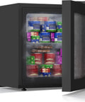 This BadAss Full Size Upright Freezer Arrives Loaded With Tempered Glass Door and External Control Panel for Massive Storage and Chill Vibes That Keep Everything Frozen Solid, open view with stacked frozen food items.