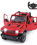 Red Off Road RC Jeep Wrangler JL 1 to 14 scale toy car with realistic doors, LED lights, and remote control, front view.