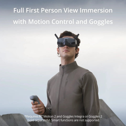 Person wearing goggles and holding remote, demonstrating immersive experience, associated with Mavic 3 Cine Premium Drone Kit With Hasselblad 4/3 CMOS Camera, 5.1K Video, Omnidirectional Obstacle Sensing, Boss Level Flight Time At 46 Minutes, 15 Km Video Transmission, RC Pro Included And Two Extra Batteries.