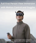 Person using motion control and goggles for drone operation, immersive experience, not related to Mavic 3 Classic Drone Only With Four Thirds CMOS Hasselblad Camera, 5.1K Video, 46 Minute Flight Time, Omnidirectional Obstacle Sensing, Remote Controller Sold Separately, FAA Remote ID Compliant