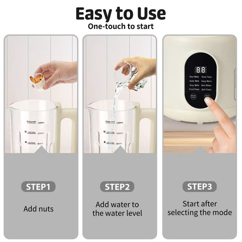 Steps to use 8 In 1 Nut Milk Maker With 40 Oz Capacity For Plant Based Milks Like Almond Oat And Soy Milk Auto Clean 12 Hour Timer Keep Warm Boil Low Noise Must Have Kitchen Gadget For Home Chefs And Everyday Use