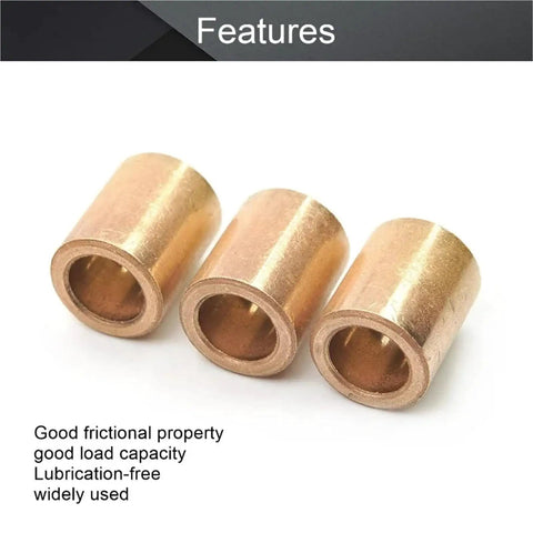 Three brass bushings showcasing features of the Stainless Steel Base Bushings Set 3mm To 12mm Inner Diameter Bearing Sleeves.