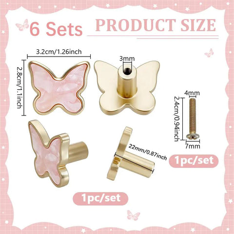 Six Pack Pink Butterfly Drawer Knobs Set dimensions and components displayed with detailed measurements.