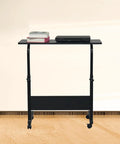Slick Rolling Adjustable Height Computer Desk With Secure Locking Casters Heavy Duty Steel Frame And Scratch Resistant Top Mobile Standing Laptop Workstation For Tight Home Offices, featuring a compact design with books and a laptop.