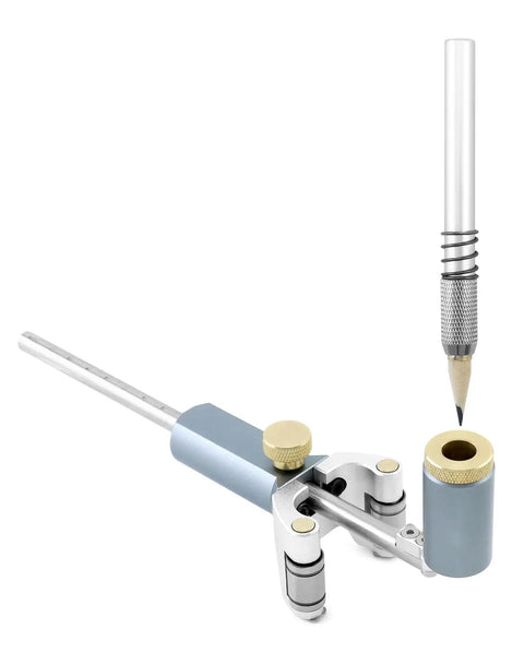 Adjustable Wheel Marking Gauge For Woodworking And Slick Rolling Stainless Steel Scriber with pencil detail and aluminum frame.