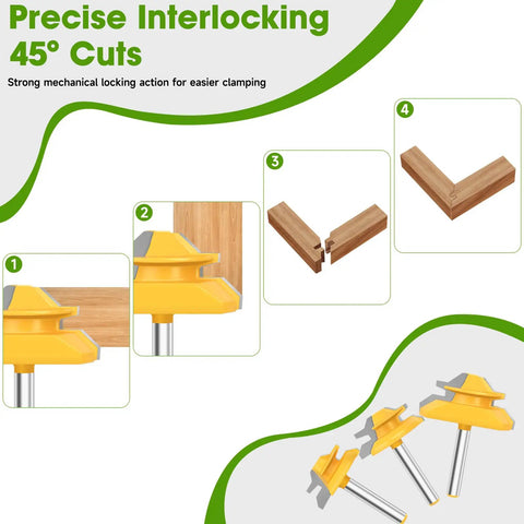 45 Degree Lock Miter Router Bit Set With 1/4 Inch Shank, 3 Pc Carbide Steel Router Bits for woodworking, showing locking mechanism and cuts.