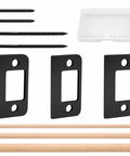 Universal Door Strike Shim Kit, Three Adjustable Thickness Spacer Plates, Black Stainless Steel Alignment Blocks and wood dowels.