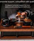 Heavy Hitter Double Tier Solid Wood Espresso Tamping Station With Combo Knock Box Premium Handcrafted coffee bar organizer kit showcasing horizontal support.